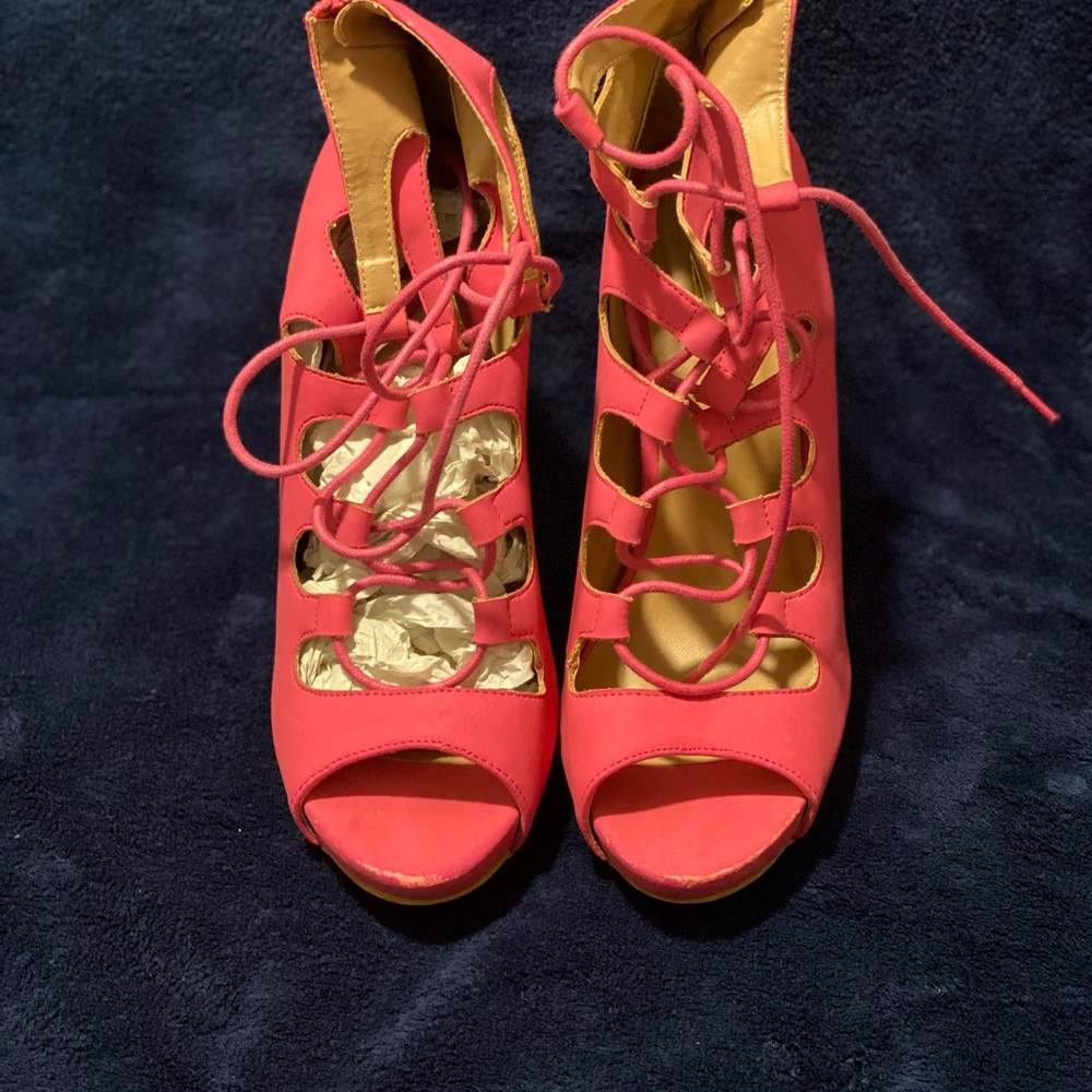 Pink strappy open toe heels